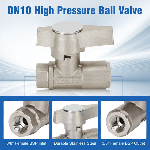 DN10 high-pressure ball valve with 3/8 inch female BSP threads, designed for power washers up to 5000 PSI, stainless steel