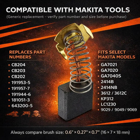 Carbon Brush Replacement Kit 0.6 x 0.27 x 0.7 Inches 16 x 7 x 18mm For Makita Angle Grinder GA7021 Pack Of 4 image with compatibility list