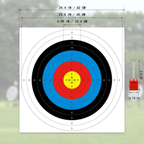 Dimensions of 20 Pack Archery Target Paper Faces 23.6 Inch Bow And Arrow Targets with 10-ring face for backyard practice.