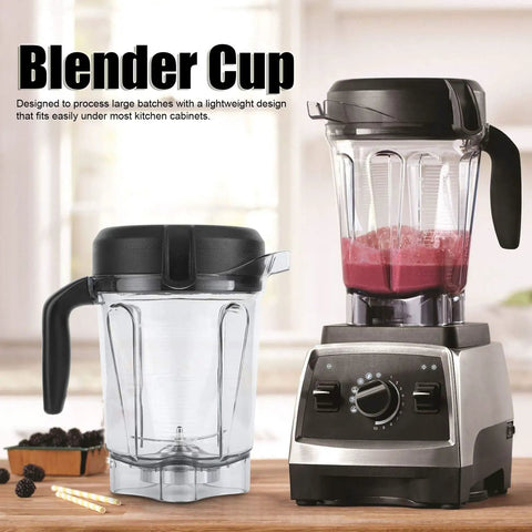 Clear Blender Jar With Blade Lid Replacement, 64 Ounce Transparent Container For Smoothies And Sauces, Compatible With G Series Blenders And 5300, BPA Free, Durable High Quality, Easy Pour Measurements next to a blender base with smoothie