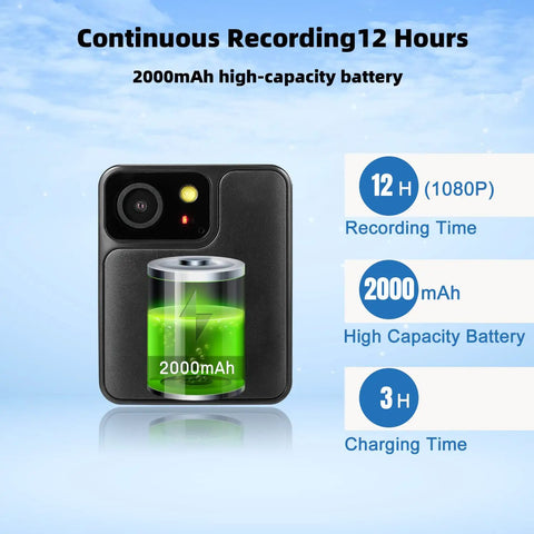 Body Worn Camera With 1080P Recording 64GB Built In Memory 12 Hour Battery Lightweight Hands Free Wearable Camcorder with 2000mAh battery