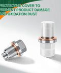 Magnetic M14 x 1.5 Oil Drain Plug Set With Stainless Steel Pan Nut and 5 Washer Gaskets showcased with protective cover