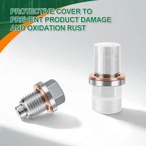 Magnetic M14 x 1.5 Oil Drain Plug Set With Stainless Steel Pan Nut and 5 Washer Gaskets showcased with protective cover