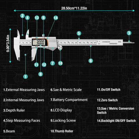 Diagram of 8 Inch Digital Caliper With Stainless Steel Body Large LCD Ultra Accurate To 0.001 Inch 0.0005 Inch Resolution Ideal For DIY Jewelry Making Woodworking Household Projects And Hobbyists showing dimensions and features