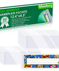 Upgraded Transparent Nameplate Pockets With Self Adhesive Back 12.4 By 4.5 Inch Clear Plastic View Name Tag Sleeves For Desks Classrooms And Office Use Easy Stick On Smooth Surfaces No Name Tags Included package with sleeves displayed.