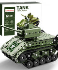 STEM Army Tank Building Kit with 284 Pieces for Kids Ages 7 to 16, detailed green model with packaging box backdrop