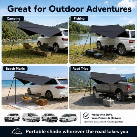 Portable Car Side Awning 210D Blackout Oxford Canopy Shelter Quick Suction Cup Setup With Heavy Pole Stake Kit for camping, fishing, beach picnics, and road trips.
