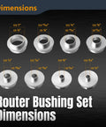 Six Point Five Inch Router Base Plate With Ten Piece Template Guide Bushing Set And Centering Pin, dimensions displayed