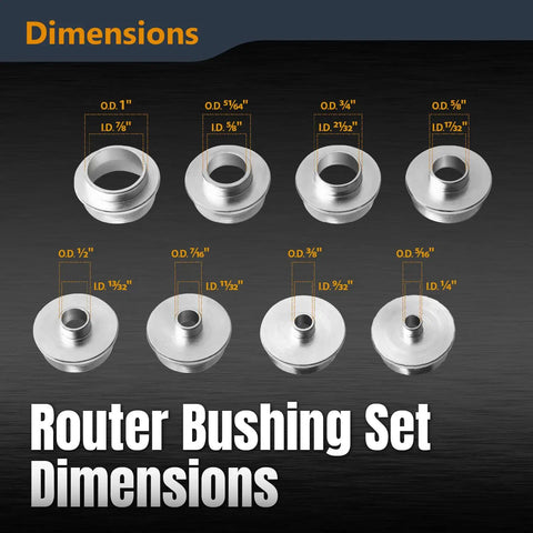 Dimensions of Heavy Duty Aluminum Router Template Guide Bushing Set With Hard Shell Carry Case Fits Porter Cable Style Base Plates 5/16 To 1 Inch For Woodworking Slick Top Shelf Gear.