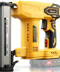 Badass Cordless Nail Gun And Narrow Crown Stapler With All Copper Motor, yellow design, close-up view, for drywall and framing.