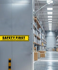 Two Pack Safety First Signs Go Home Safe Stickers 40 By 8 Inches Extra Long For Walls Aisles And Site Entrances With Mega Visibility And Clear Guidance For Work Areas, yellow vinyl sign on warehouse wall