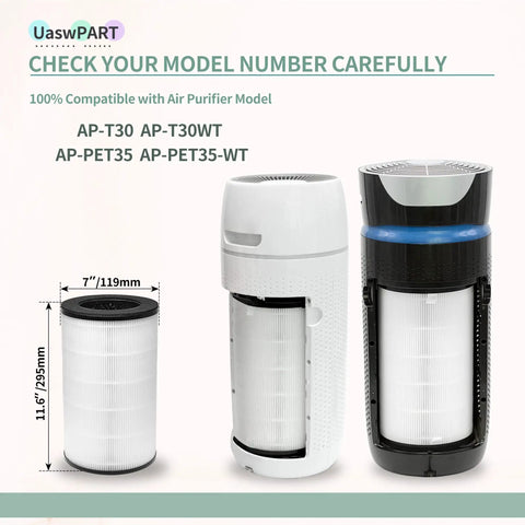 Replacement True HEPA Filter For AP-T30 And AP-PET35 Series Air Purifiers Keeps Your Home Air Fresh And Clean Easy Install No Fuss Fits AP-T30 AP-T30WT AP-PET35 AP-PET35FL Models 1 Pack displayed with compatible air purifier models