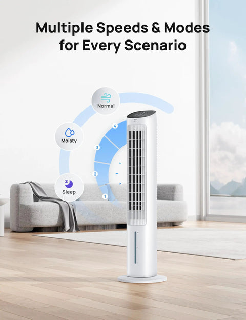 Evaporative Swamp Cooler With Bladeless Standing Fan And Removable Water Tank, Pairs Ice Packs And Fast Remote For That No Sweat Summer Chill, Four Speed Settings And Seven Hour Timer Best For Bedroom Or Office White