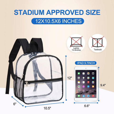 Stadium Approved Clear Backpack 12x6x12 Inch Waterproof See Through Bag, showing size comparison with an iPad.