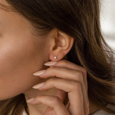 Dope Pearl Gold Stud Earrings Set For Women And Men 14K Gold Plated 316L Stainless Steel Hypoallergenic Ball Studs With Sizes 3mm 4mm 5mm 6mm 7mm 8mm And 10mm, small pearl stud on ear