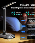 Led Desk Lamp With 15W Wireless Charger, USB And Type C Ports, 2 AC Outlets, showing alarm clock display and dimmable light