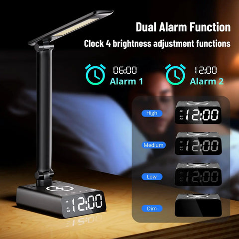 Led Desk Lamp With 15W Wireless Charger, USB And Type C Ports, 2 AC Outlets, showing alarm clock display and dimmable light