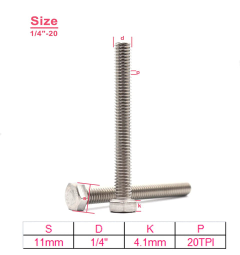 10 Pack 1/4-20 Stainless Steel Hex Bolts 3 Inch Long Full Thread UNC Coarse Drive 7/16 Plain Finish 18-8 304 Bolts