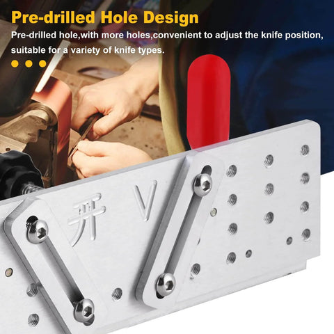 Beveling Jig For Belt Sander Knife Sharpener With A Dope 9.8 Inch Long Bevel Locator Tool, showing pre-drilled holes and adjustment features