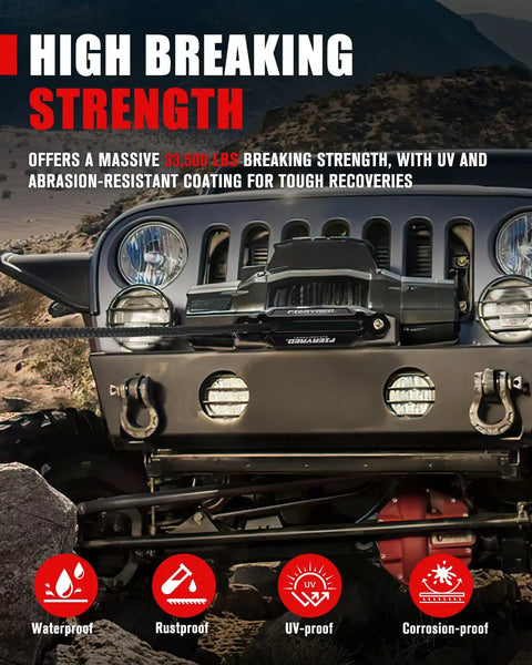 Front view of an SUV equipped for off-road recovery, featuring a high-strength winch rope and protective sleeve in rugged terrain.