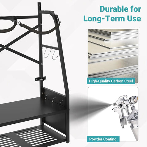 Two Bag Golf Bag Organizer Wall Mount Or Freestanding With Four Club Racks Ten Hooks And Storage Shelf Adjustable Feet Space Saving Stand For Garage Store Club Shed made of carbon steel and powder coating for durability