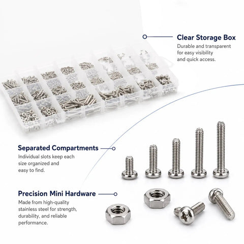 1260 Piece Small Stainless Steel Nuts And Bolts Assortment Kit Heavy Hitter Cross Pan Head Screws Rust Proof in clear storage box.