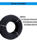 Heavy Duty Black Three Sixteenth Inch Wire Rope Cable In T316 Stainless Steel Marine Grade, 250 Ft Aircraft Cable Coil