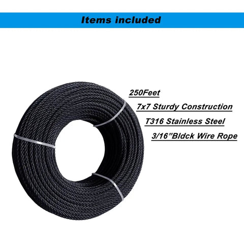 Heavy Duty Black Three Sixteenth Inch Wire Rope Cable In T316 Stainless Steel Marine Grade, 250 Ft Aircraft Cable Coil