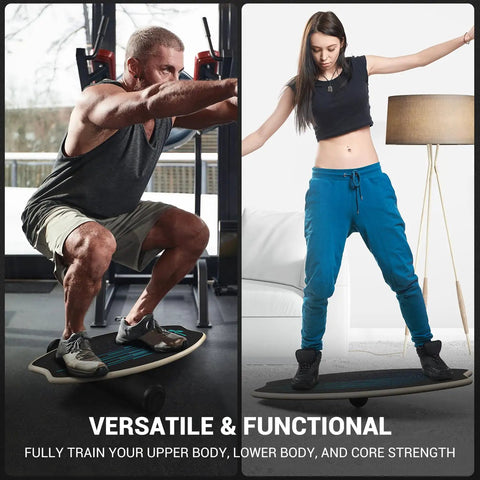 Man and woman using Balance Board 7 Modes Wobble Board With Adjustable Stoppers for balance and fitness training indoors.