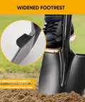 Heavy Duty Digging Shovel With Trenching Blade And D Handle Fiberglass Grip showing widened footrest for enhanced usability
