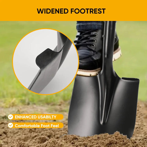 Heavy Duty Digging Shovel With Trenching Blade And D Handle Fiberglass Grip showing widened footrest for enhanced usability