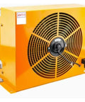 Hydraulic Air Oil Cooler For Industrial Machinery Delivers One Hundred Fifty Liters Per Minute At One Hundred Thirty Watts Heat Exchanger Radiator Fan Cast Iron Construction Heavy Duty Design For Wide Hydraulic System Applications 110 Volt unit with visible fan and yellow casing