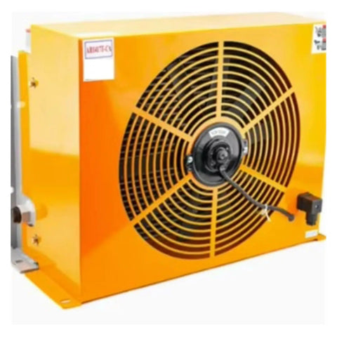 Hydraulic Air Oil Cooler For Industrial Machinery Delivers One Hundred Fifty Liters Per Minute At One Hundred Thirty Watts Heat Exchanger Radiator Fan Cast Iron Construction Heavy Duty Design For Wide Hydraulic System Applications 110 Volt unit with visible fan and yellow casing