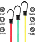 18 Piece Adjustable Bungee Cord Set With Wide Hook Openings For Vehicle Tie Downs Includes Six 32 Inch Yellow Cords Six 24 Inch Green Cords And Six 18 Inch Red Cords Color Coded For Easy Securement displayed with icon highlights