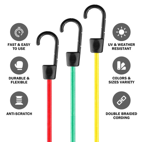 18 Piece Adjustable Bungee Cord Set With Wide Hook Openings For Vehicle Tie Downs Includes Six 32 Inch Yellow Cords Six 24 Inch Green Cords And Six 18 Inch Red Cords Color Coded For Easy Securement displayed with icon highlights
