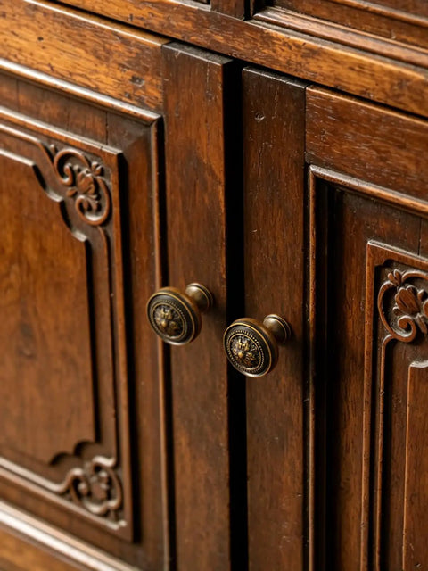 Close-up of antique brass Top Tier Zinc Alloy Cabinet Knobs And Drawer Pulls on vintage wooden cabinet doors.