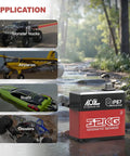 Beefy 32 Kg Cm Waterproof RC Steering Servo, IP67 rated, shown with applications in monster trucks, airplanes, boats, and crawlers.