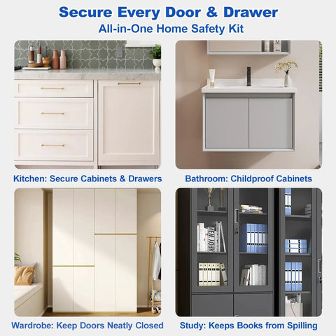 Image of Magnetic Door Catch Set Ultra Thin Cabinet Magnets For Closure Adhesive Drawer And Cabinet Latches Stainless Steel Built To Hold Tight Easy To Install With Double Sided Tape Includes Four Rectangular And Four Circular Catches securing cabinets, wardrobes, and bookcases in four home settings.