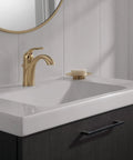 Lahara Brushed Gold Bathroom Faucet for 1 Hole Sink installed on a modern vanity, featuring a sleek champagne bronze finish.