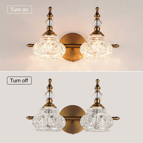 Brass Bathroom Light Fixture Two Light Vanity Lighting With G9 Bulbs Compatible Energy Saving Vintage Style in on and off states.