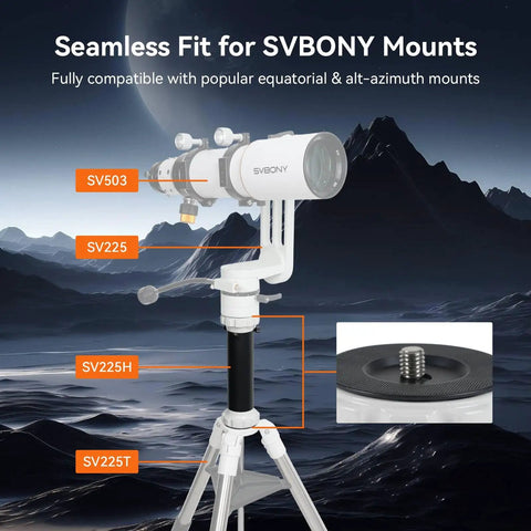 240mm Telescope Tripod Riser With Alt-Azimuth Mount And Fine Adjustment For Smooth Lunar And Planetary Tracking shown with telescope and mountain backdrop