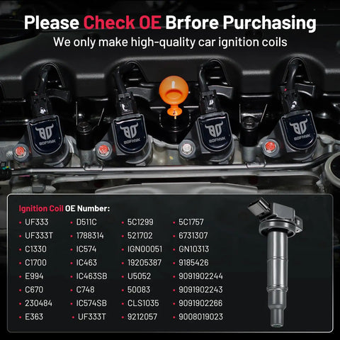 Drop In Set Of Four Ignition Coils For Toyota Camry RAV4 Corolla Scion Tc Xb Solara Highlander Matrix And Lexus HS250h 2.4L Coil Packs Replacement For 2001 Through 2012 Models with OE numbers