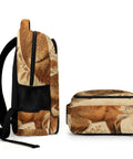 Side and front view of Vintage Floral Red Fox Printed Unisex Backpack With Large Capacity Durable Polyester Build Breathable Straps Smooth Zipper.