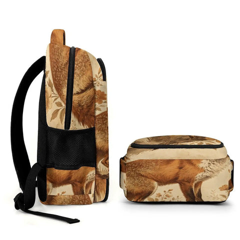 Side and front view of Vintage Floral Red Fox Printed Unisex Backpack With Large Capacity Durable Polyester Build Breathable Straps Smooth Zipper.