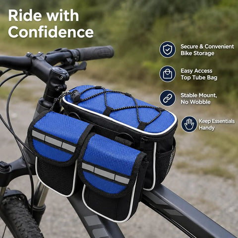 Blue Large Bike Frame Bag 2L With Four Compartments, Water Resistant Frame Storage For Mountain Biking, secure zipper, mounted on bike