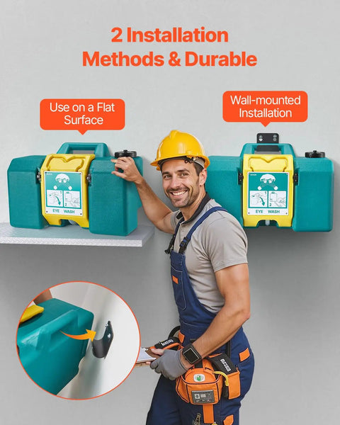 Worker installing Go To Portable 8 Gallon Eye Wash Station With Two Sprays OSHA Approved And ANSI Z358.1 2014 Compliant in green.