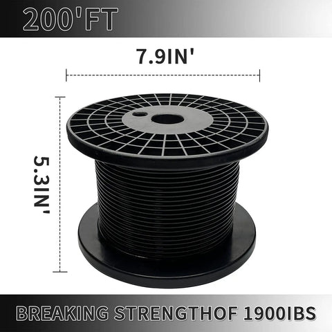 Black Vinyl Coated 304 Stainless Steel Wire Rope One Eighth Inch Bare Core Overmolded To Three Sixteenth Inch Diameter Reel