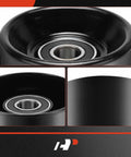 A-Premium belt idler pulley, black with metal bearing; front, side, and close-up views.