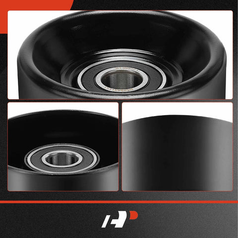 A-Premium belt idler pulley, black with metal bearing; front, side, and close-up views.