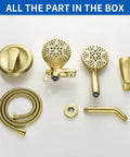 Brushed Gold All-In-One Dual Shower Faucet Set With Tub Spout And Trim Kit, Handheld And Fixed Shower Heads, components shown.